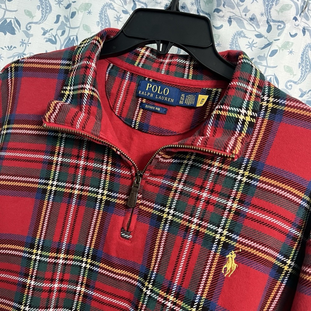 Polo Ralph Lauren 1/4 Zip Mens Sz XL Red Tartan Plaid Double Knit Estate Rib